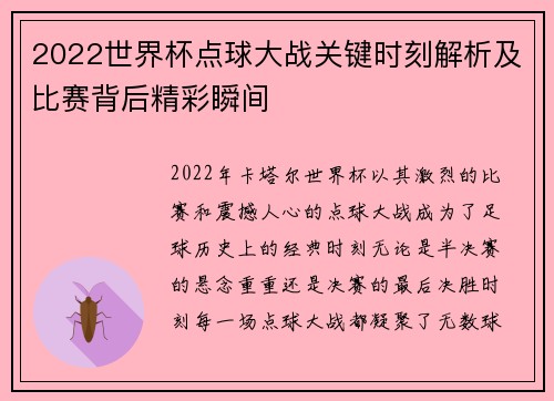 2022世界杯点球大战关键时刻解析及比赛背后精彩瞬间